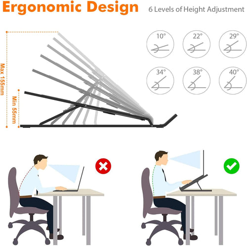 GRIFEMA GB1054B Support Ordinateur Portable Réglable, Support PC Pliable en Aluminium 6 Niveaux de Hauteur, Compatible MacBook Air/Pro, Dell 10-17,3 Pouces, Léger et Stable - Noir