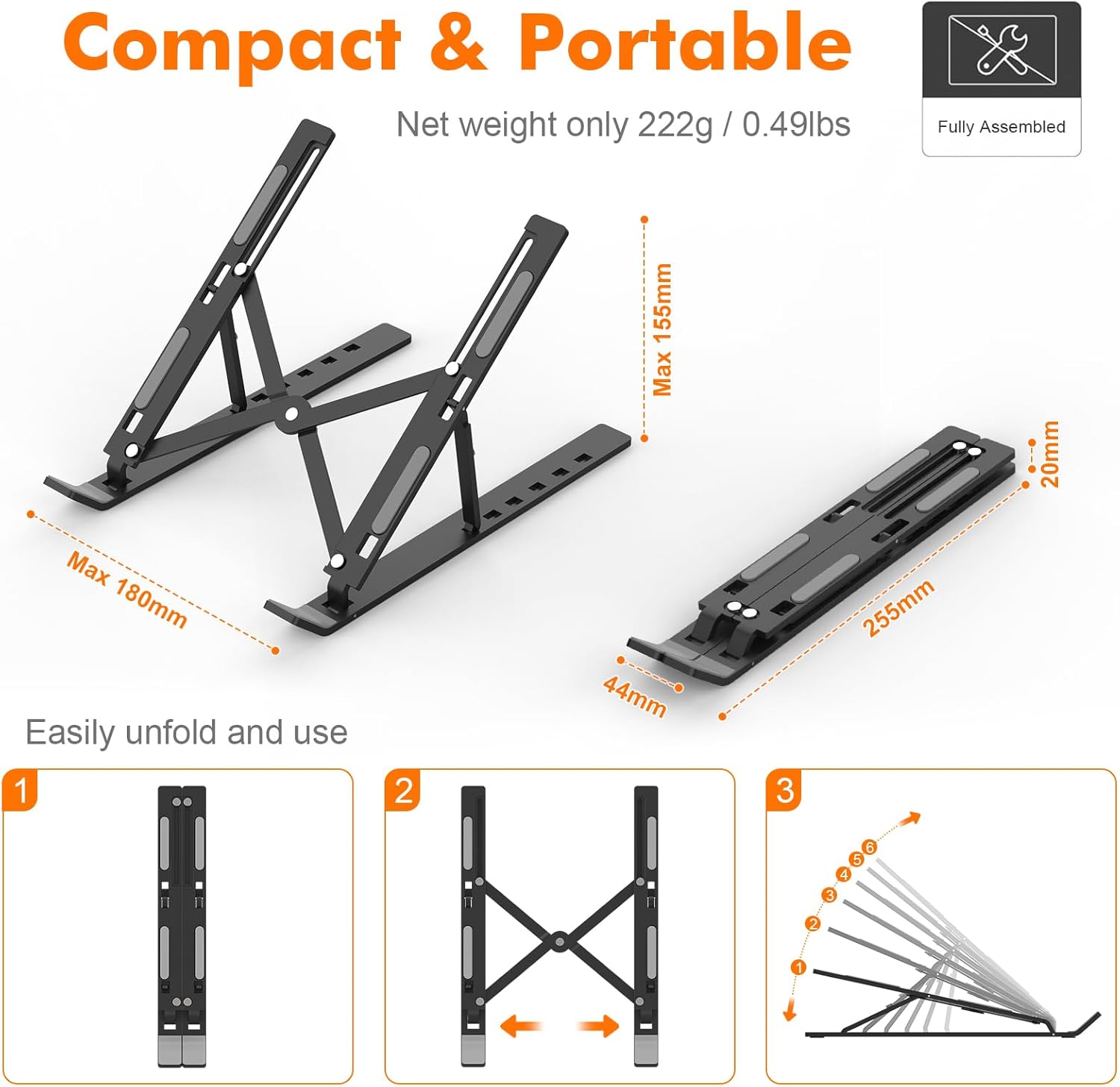GRIFEMA GB1054B Support Ordinateur Portable Réglable, Support PC Pliable en Aluminium 6 Niveaux de Hauteur, Compatible MacBook Air/Pro, Dell 10-17,3 Pouces, Léger et Stable - Noir