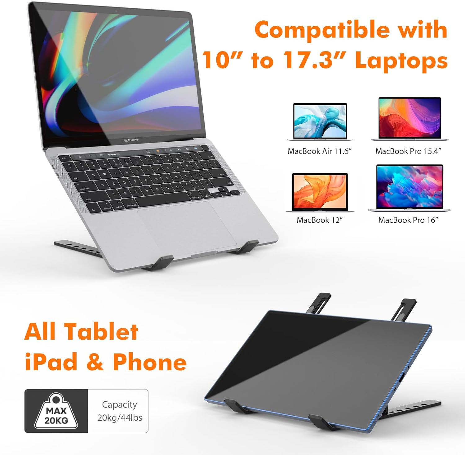 GRIFEMA GB1054B Support Ordinateur Portable Réglable, Support PC Pliable en Aluminium 6 Niveaux de Hauteur, Compatible MacBook Air/Pro, Dell 10-17,3 Pouces, Léger et Stable - Noir